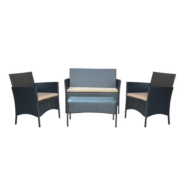 Jeco 2 in. Aoife Steel Black Resin Wicker Patio Conversation Set with Tan Cushion - 4 Piece W00609-B